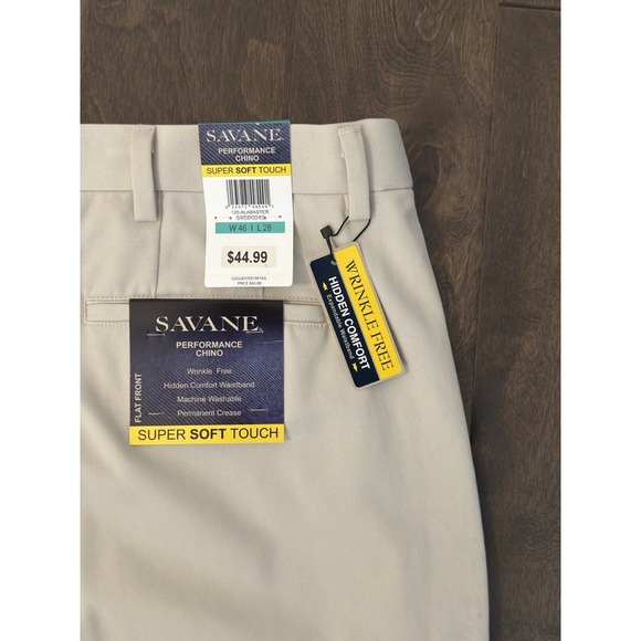 Savane Performance Chino Pants Soft Touch Wrinkle Free Size 46X28 Flat Front NWT - Picture 7 of 8